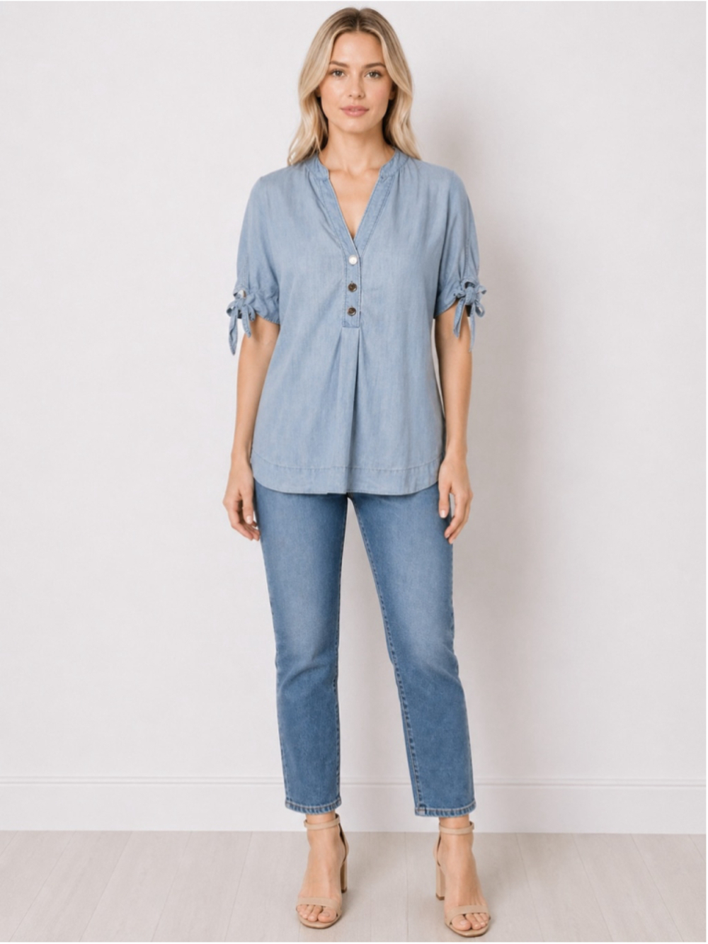 Trina Turk Light Blue Chambray Tie-Sleeve V-Neck Blouse